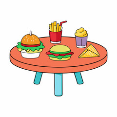 Food Variety on Table Hamburger, Fries & More on White Background
