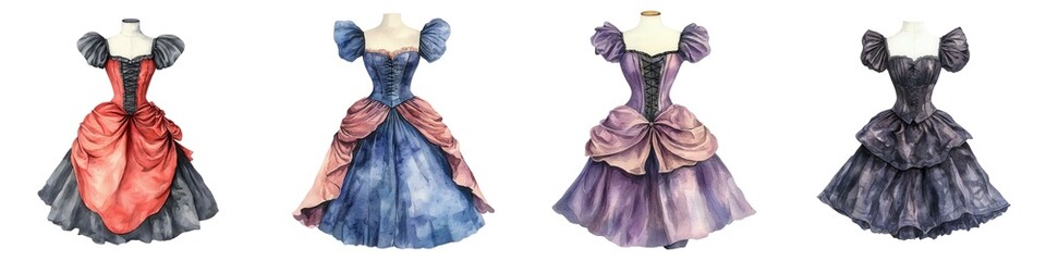 Obraz premium A gothic victorian bustle dress, watercolor illustration, historical fashion, isolated on white background