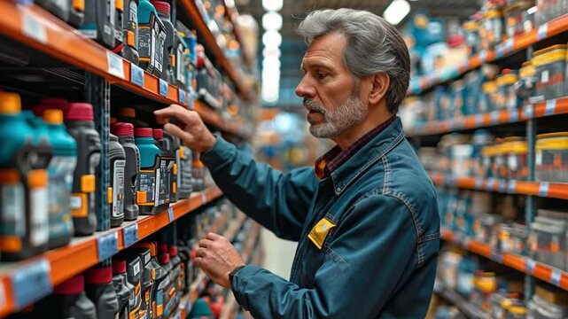 The hardware shop manager is examining the power tool markings.