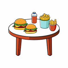 Food Variety on Table Hamburger, Fries & More on White Background