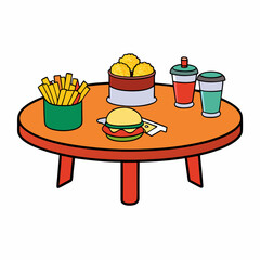 Food Variety on Table Hamburger, Fries & More on White Background