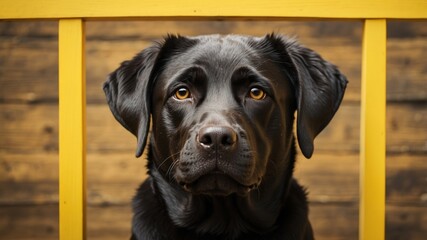 Black Labrador Retriever Looking Through a Yellow Wooden Frame.