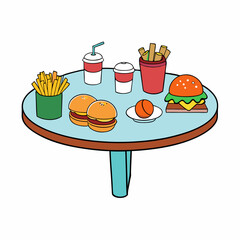 Food Variety on Table Hamburger, Fries & More on White Background