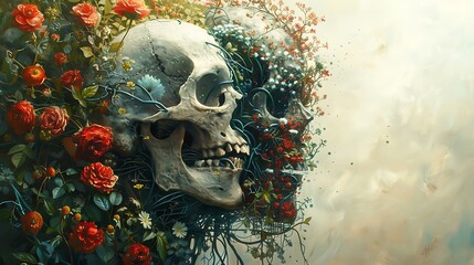 A skull split in half, with one side filled with mechanical parts and the other with organic elements like flowers and vines, representing the fusion of technology and nature. 