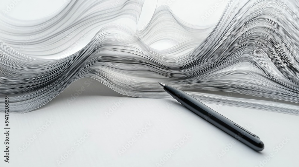Poster curved lines creating an abstract representation of a notebook and pen, symbolizing inspiration and 