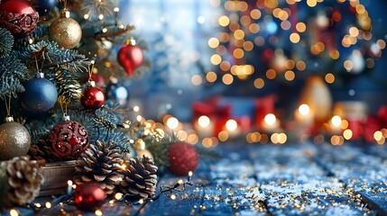 A cozy cabin Christmas scene with a rustic tree decorated with wooden ornaments and pinecones, softly glowing warm lights in the background.
