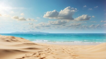 landscape view of sand and ocean and blue sky.