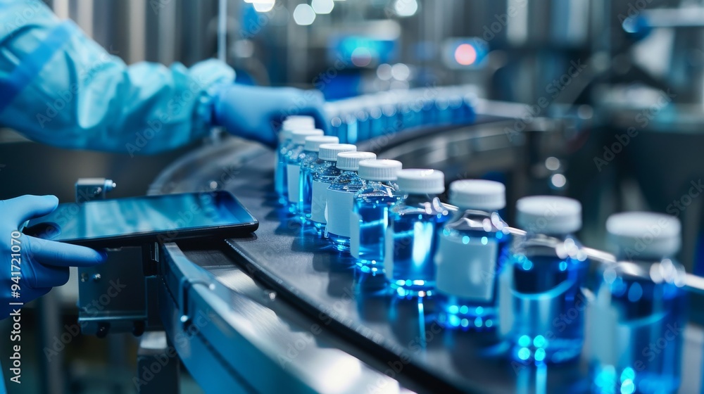 Poster A controlled laboratory environment showing the automated manufacturing line of pharmaceutical bottles. Focus on the quality control measures in place for precise and safe production.