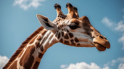 Obraz premium Giraffe in close up with blue sky background ideal as copy space image.