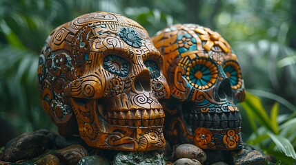 Fototapeta premium A skull carved from wood, intricately detailed with tribal patterns and symbols, set against a background of deep jungle foliage and dim lighting. 