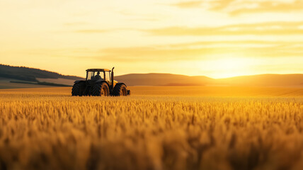 Obraz premium A golden cornfield with a vintage tractor in the foreground, showcasing rural harvest charm 
