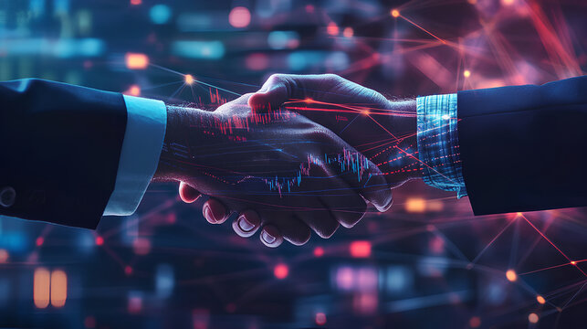 Deal. business man shaking hands with effect global network link connection and graph chart of stock market graphic diagram, digital technology, internet communication, teamwork, partnership concept
