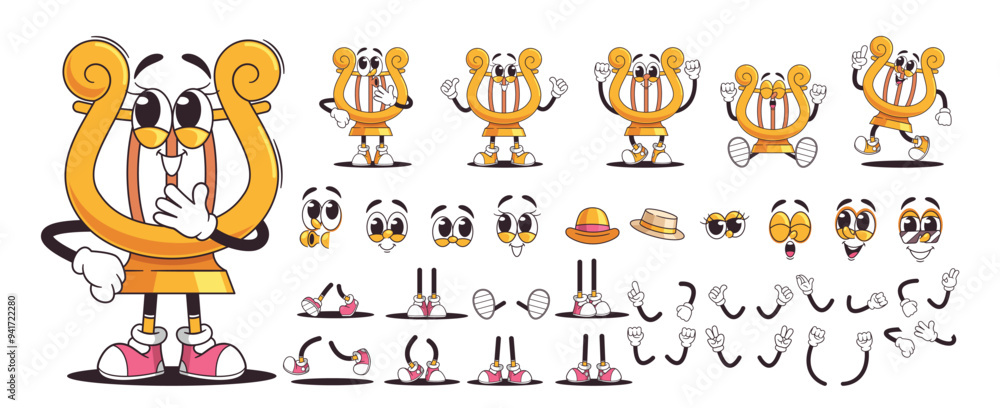 Poster colorful cartoon character representing a lyre musical instrument with multiple facial expressions, 