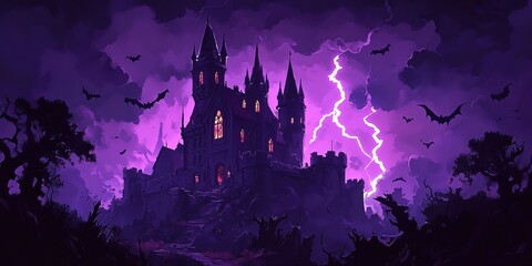 Obraz premium Scary Gothic castle on Halloween night, haunted palace or mansion for dark blue background. Spooky view of old mystery castle and bats in full moon. Horror scene with big gloomy house, fantasy place