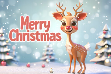Cute card cartoon reindeer with text Merry Christmas.