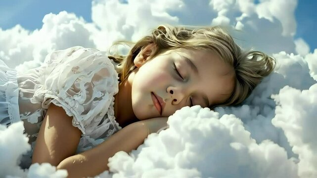 Young girl sleeping peacefully on a cloud, dreaming of a carefree life.