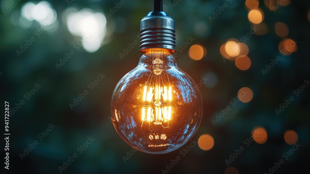 Poster a close-up of a glowing light bulb with intricate filaments, casting a warm, ambient light and creat