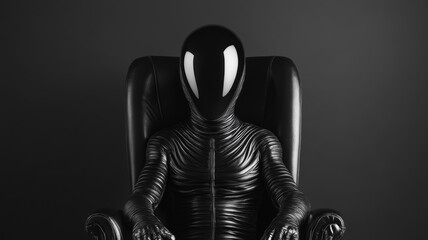 Alien with shimmering scales seated confidently in a modern interview chair bold lighting casting dramatic shadows on its strange, angular face clean, high-contrast photography 