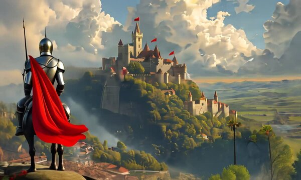 A valiant knight atop a powerful steed contemplates the grandeur of a distant castle bathed in golden light, surrounded by stunning landscapes