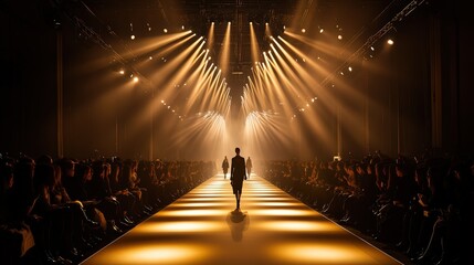 On a luxurious runway, a fashion show presents the latest designer collections with models, while the atmosphere buzzes with flashing cameras and the excitement of an exclusive, high-end event