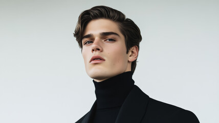 Obraz premium Androgynous male model with slicked-back hair wearing oversized monochrome outfit bold silhouette subtle makeup standing against a minimalist white background modern and edgy 