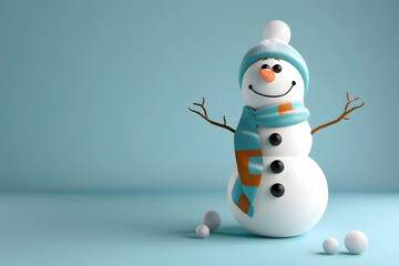 Fototapeta premium Cute 3D cartoon snowman on background with space for text.