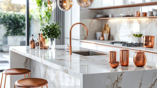 Modern kitchen with marble countertop and copper utensils