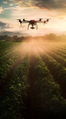 Fototapeta premium Dramatic photo of an organic farm with drones spraying non-toxic pesticides