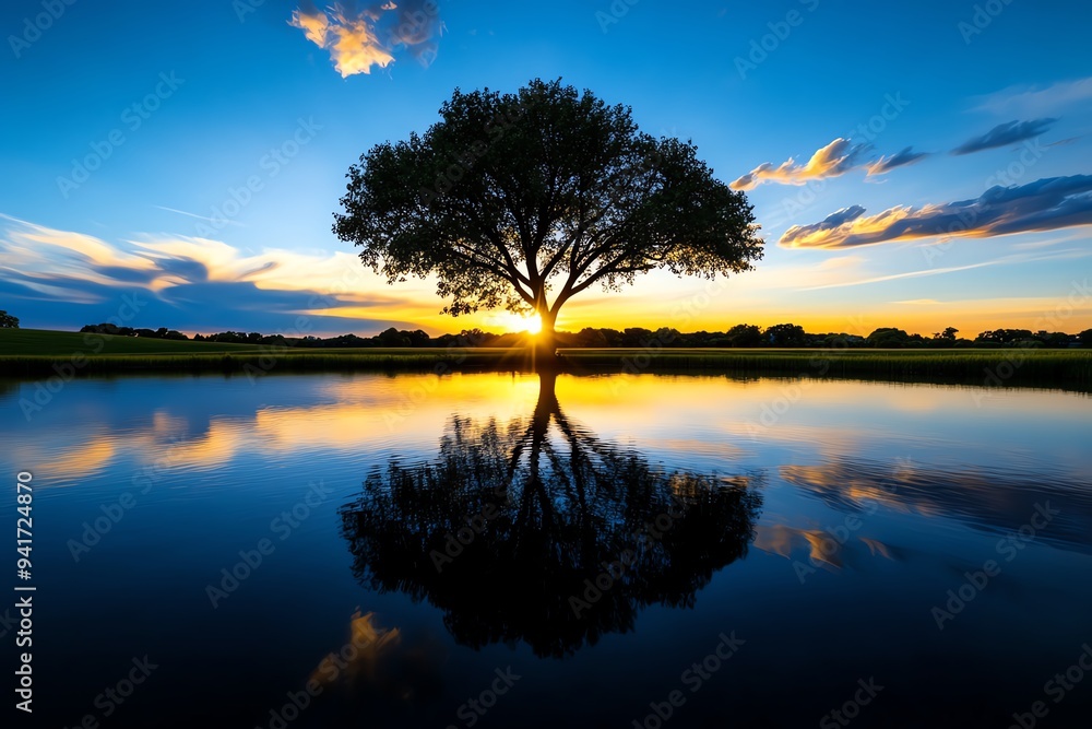 Poster a sad willow tree in a reflective pond, with the water perfectly capturing the treeâ€™s drooping bra