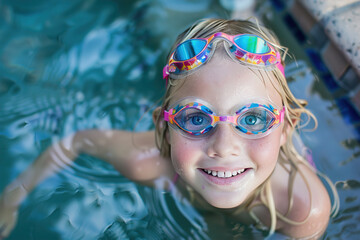 A young girl wearing goggles and a bathing suit is smiling in a pool