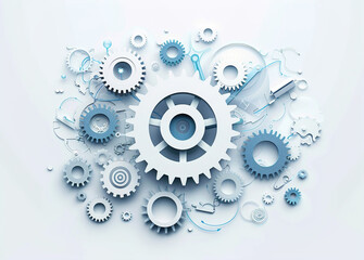 Gears and mechanical elements on a white background,
