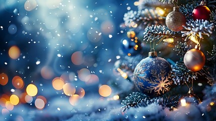 A frosted Christmas tree adorned with snowflake ornaments and icy blue baubles, glowing softly against a backdrop of blurred icy blue lights.