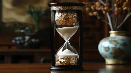 An hourglass with the bottom half filling up with investment returns instead of sand