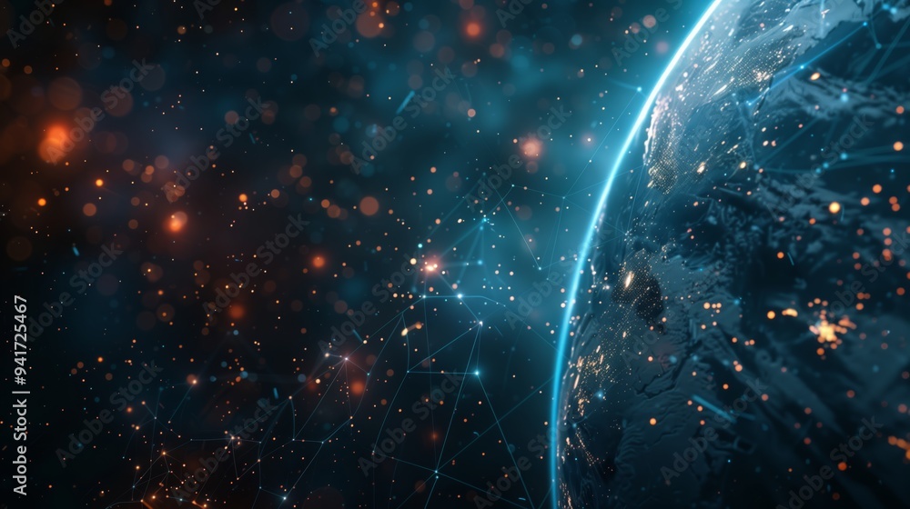 Aufkleber A digital representation of Earth from space is displayed, surrounded by a network of data points and connections, illustrating global technology, connectivity, and digital communication