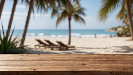Fototapeta premium Empty wooden table with blurred beach background in summer and palm leaves.