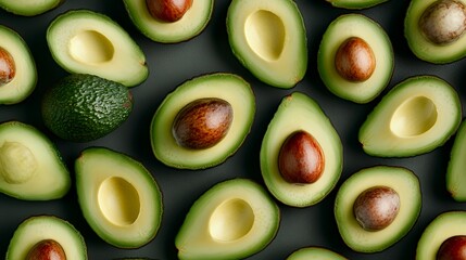 Aerial view of halved avocados showcasing their creamy texture and large seeds.
