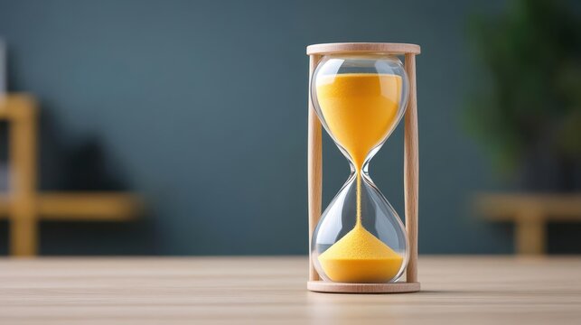 An hourglass with the top half representing worklife balance, and the bottom half showing a declining balance as time passes