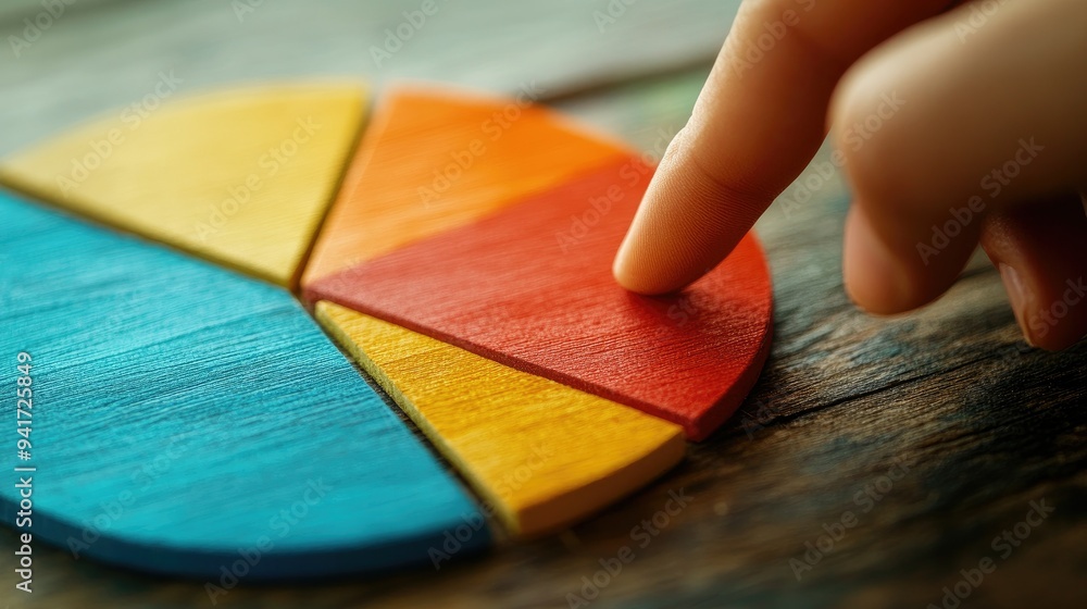 Poster a close-up of a pie chart with a hand pointing at one of the segments, emphasizing the detailed brea