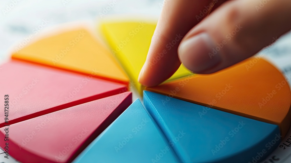 Poster a close-up of a pie chart with a hand pointing at one of the segments, emphasizing the detailed brea