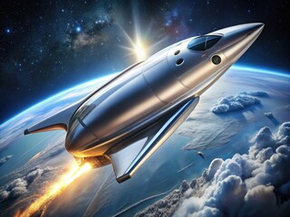 Futuristic Silver Spacecraft: A sleek silver spaceship with aerodynamic contours, advanced propulsion systems, and cutting-edge technology.