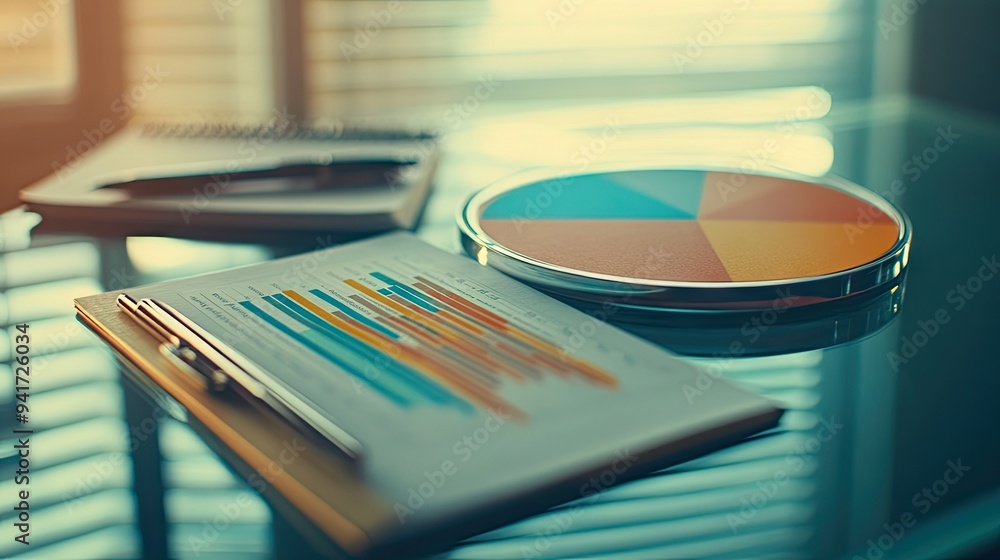 Poster a close-up of a pie chart with gradient colors and data percentages, displayed on a glass desk with 
