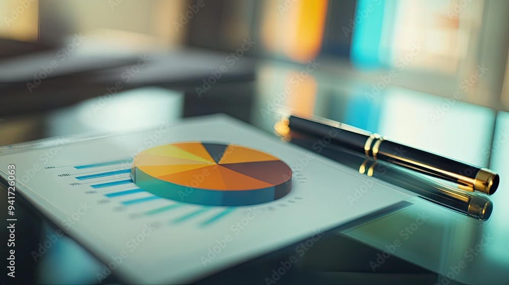 Poster a close-up of a pie chart with gradient colors and data percentages, displayed on a glass desk with 