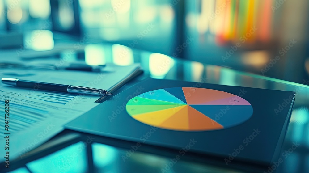 Poster a close-up of a pie chart with gradient colors and data percentages, displayed on a glass desk with 