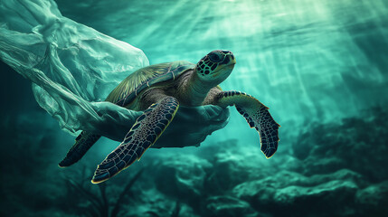 Obraz premium Turtle swims near a plastic bag. Plastic pollution in ocean, fighting for a clean ocean concept.