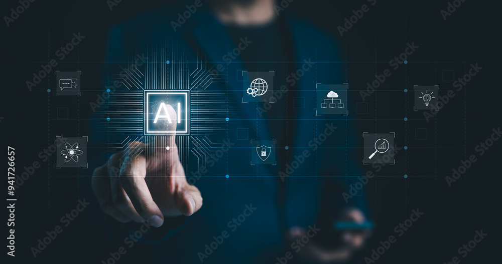 Poster ai, artificial intelligence concept. businessman interacting with digital icons representing artific
