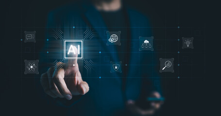AI, Artificial Intelligence Concept. Businessman interacting with digital icons representing artificial intelligence, technology, and innovation, showcasing various tech solutions and advancements.