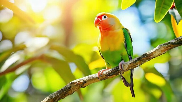 A colorful parrot perched on a branch, surrounded by green leaves and sunlight.