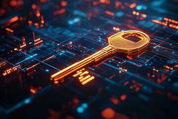Fototapeta premium Futuristic digital key representing cybersecurity, data encryption, and secure access on a hi-tech circuit board background.