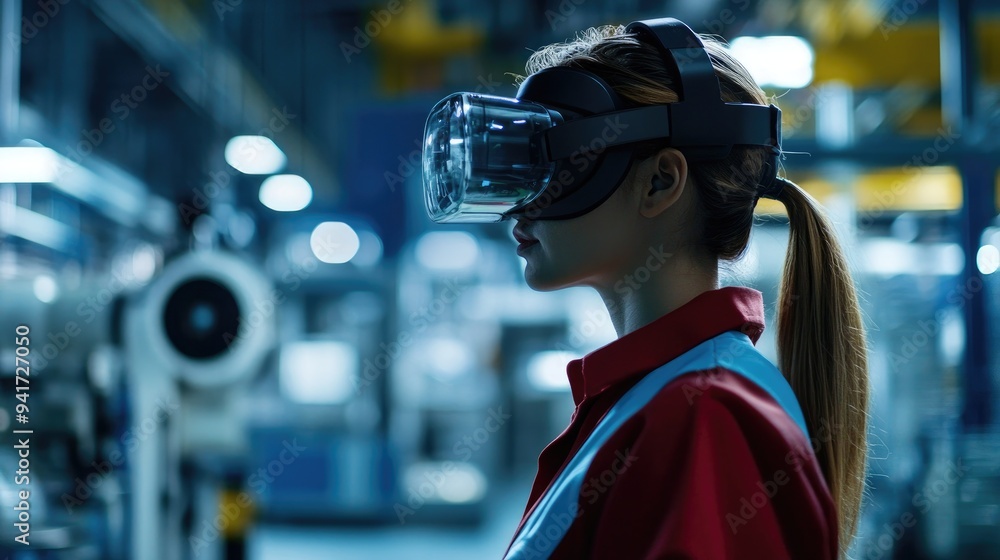 Poster high-tech manufacturing engineer immersed in virtual reality, optimizing operations in a cutting-edg