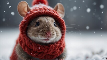 Cute Mouse in Red Knit Hat During Snowfall.